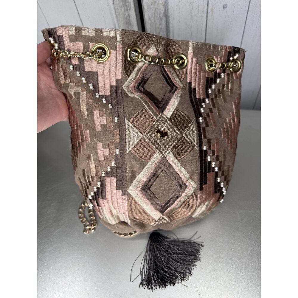 Dogs By Beluchi Womens Metallic Embroidered Brown Pink Chain Strap Bucket Bag
